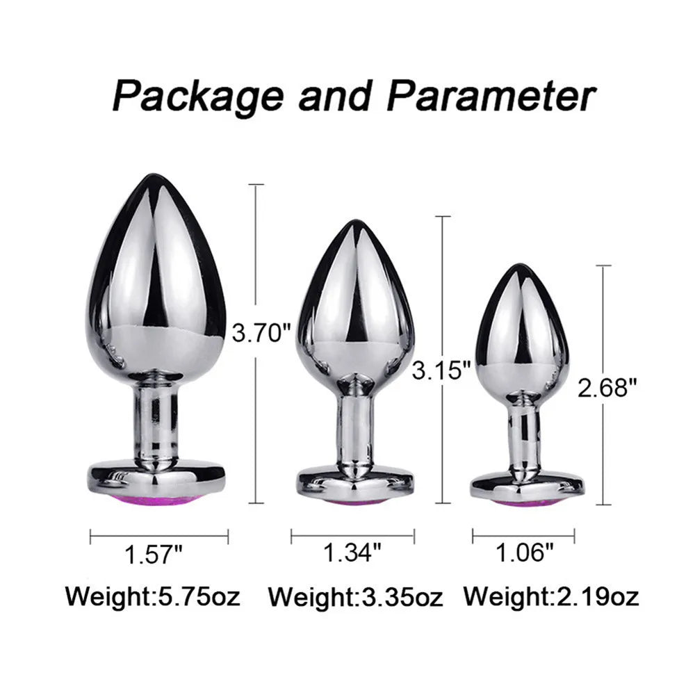 RVS Buttplug Set met Hartvormig Kristal – 3 Maten, Verwijderbaar Kristal - ButtPlugsLovers