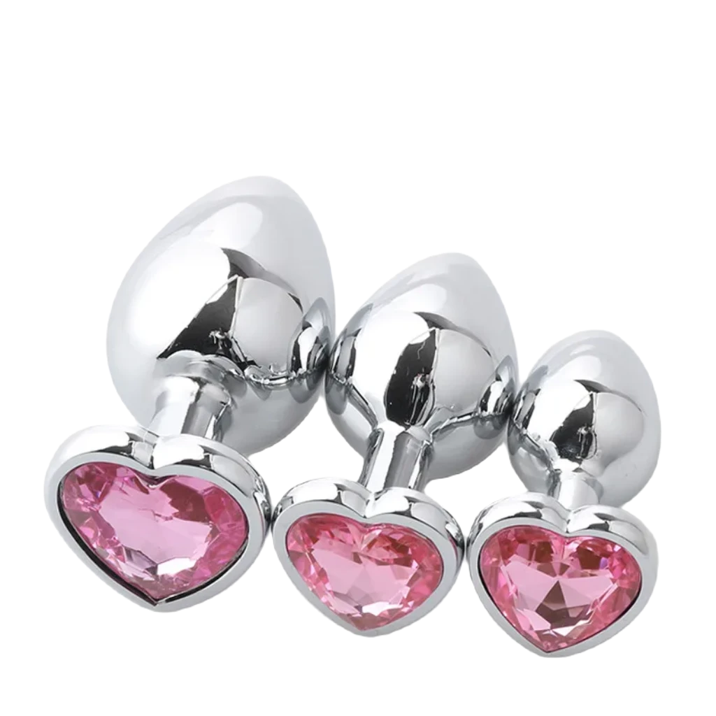 RVS Buttplug Set met Hartvormig Kristal – 3 Maten, Verwijderbaar Kristal - ButtPlugsLovers