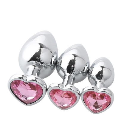 RVS Buttplug Set met Hartvormig Kristal – 3 Maten, Verwijderbaar Kristal - ButtPlugsLovers