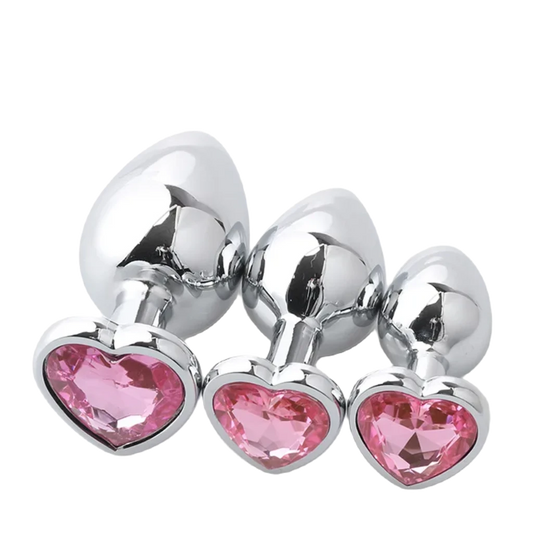 RVS Buttplug Set met Hartvormig Kristal – 3 Maten, Verwijderbaar Kristal - ButtPlugsLovers