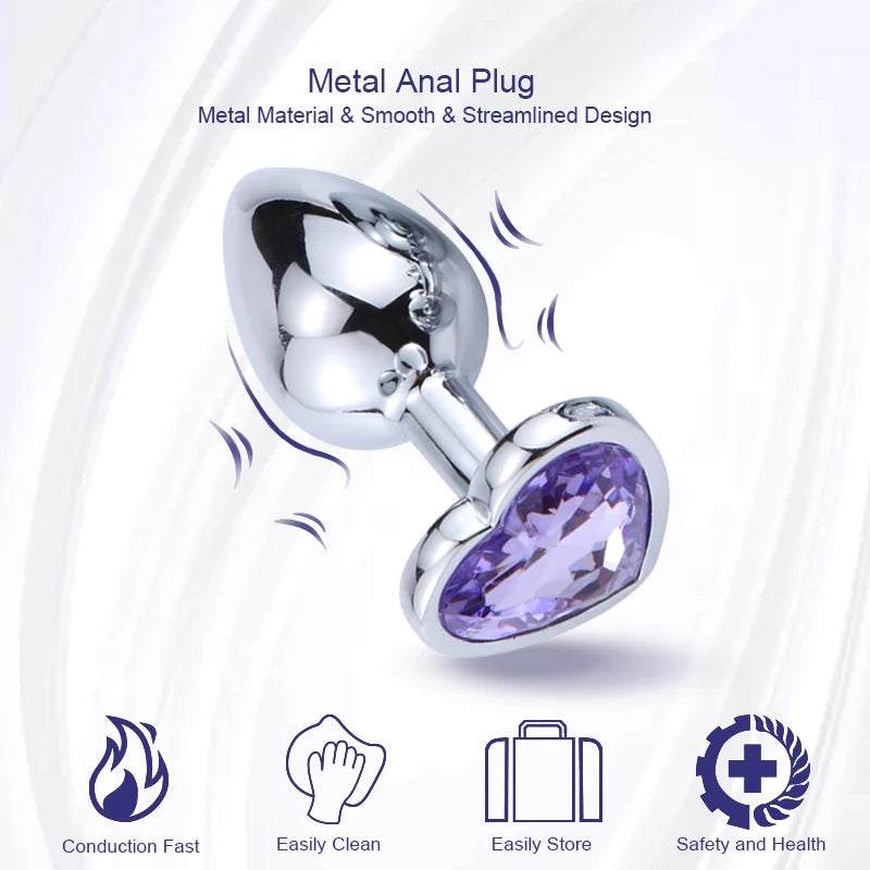 RVS Buttplug Set met Hartvormig Kristal – 3 Maten, Verwijderbaar Kristal - ButtPlugsLovers