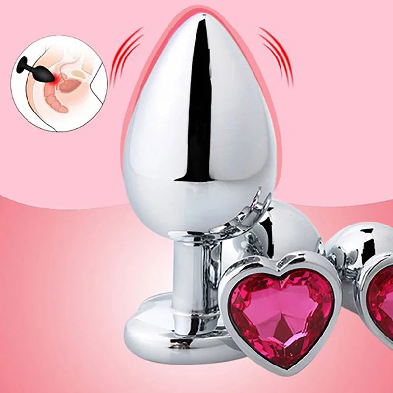 RVS Buttplug Set met Hartvormig Kristal – 3 Maten, Verwijderbaar Kristal - ButtPlugsLovers